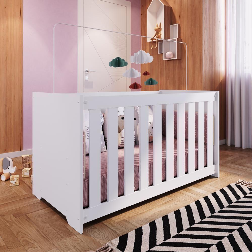 Berço Infantil Simples 133cm Com Regulagem De Altura E Grade Mdf Branco - 1