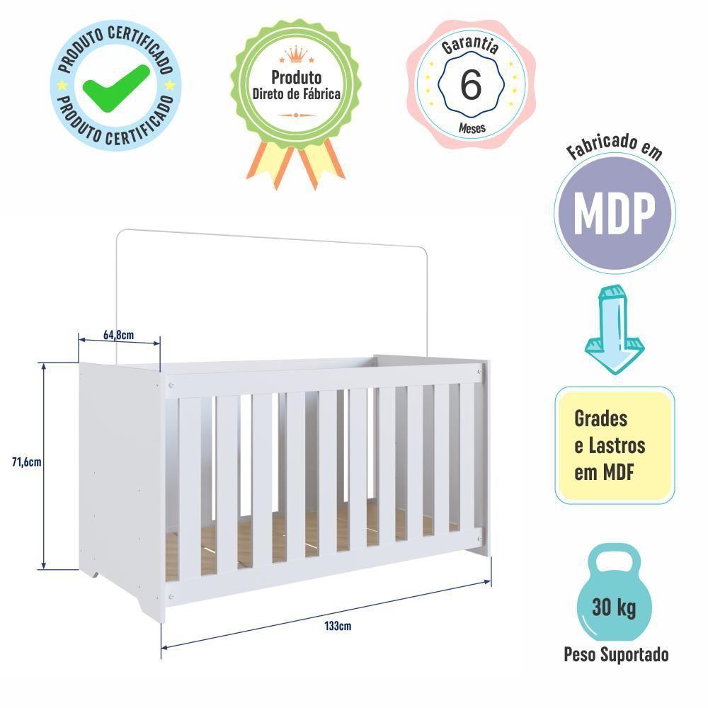 Berço Infantil Simples 133cm Com Regulagem De Altura E Grade Mdf Branco - 4