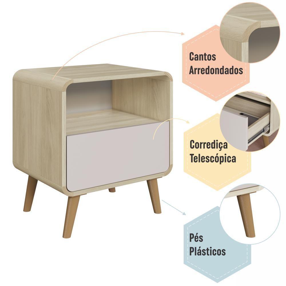 Mesa De Cabeceira Canto Curvo Com Nicho 01 Gaveta E Pés Palito Retrô Carvalho Araguaia - 5
