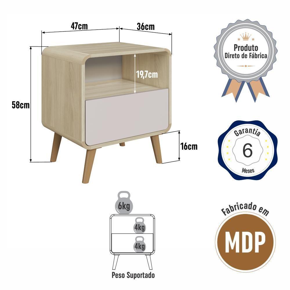 Mesa De Cabeceira Canto Curvo Com Nicho 01 Gaveta E Pés Palito Retrô Carvalho Araguaia - 6