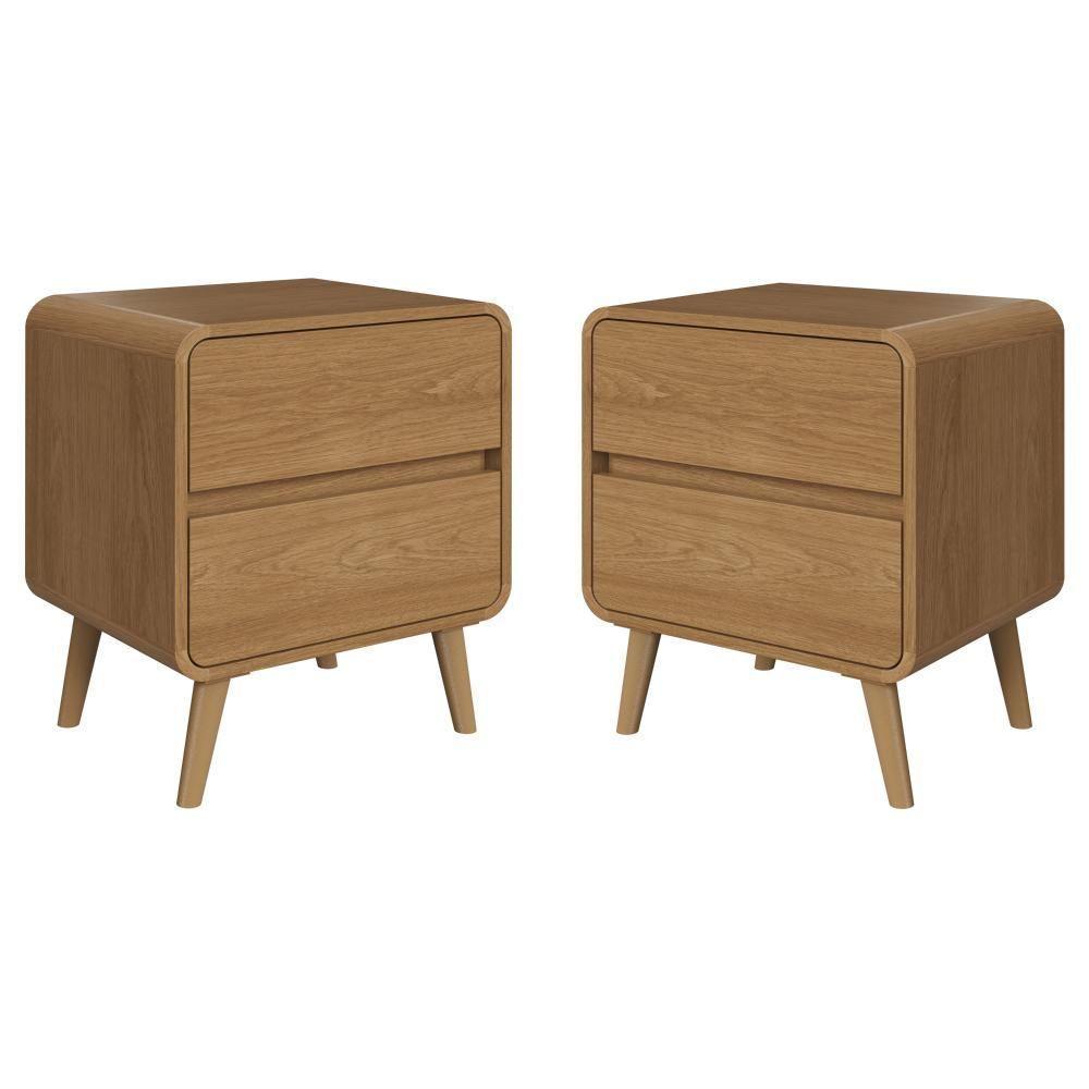 Kit Conjunto 02 Mesas De Cabeceira Canto Curvo Com 02 Gavetas E Pés Palito Retrô Carvalho Xingu - 1