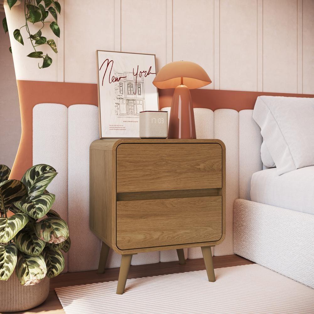 Kit Conjunto 02 Mesas De Cabeceira Canto Curvo Com 02 Gavetas E Pés Palito Retrô Carvalho Xingu - 2