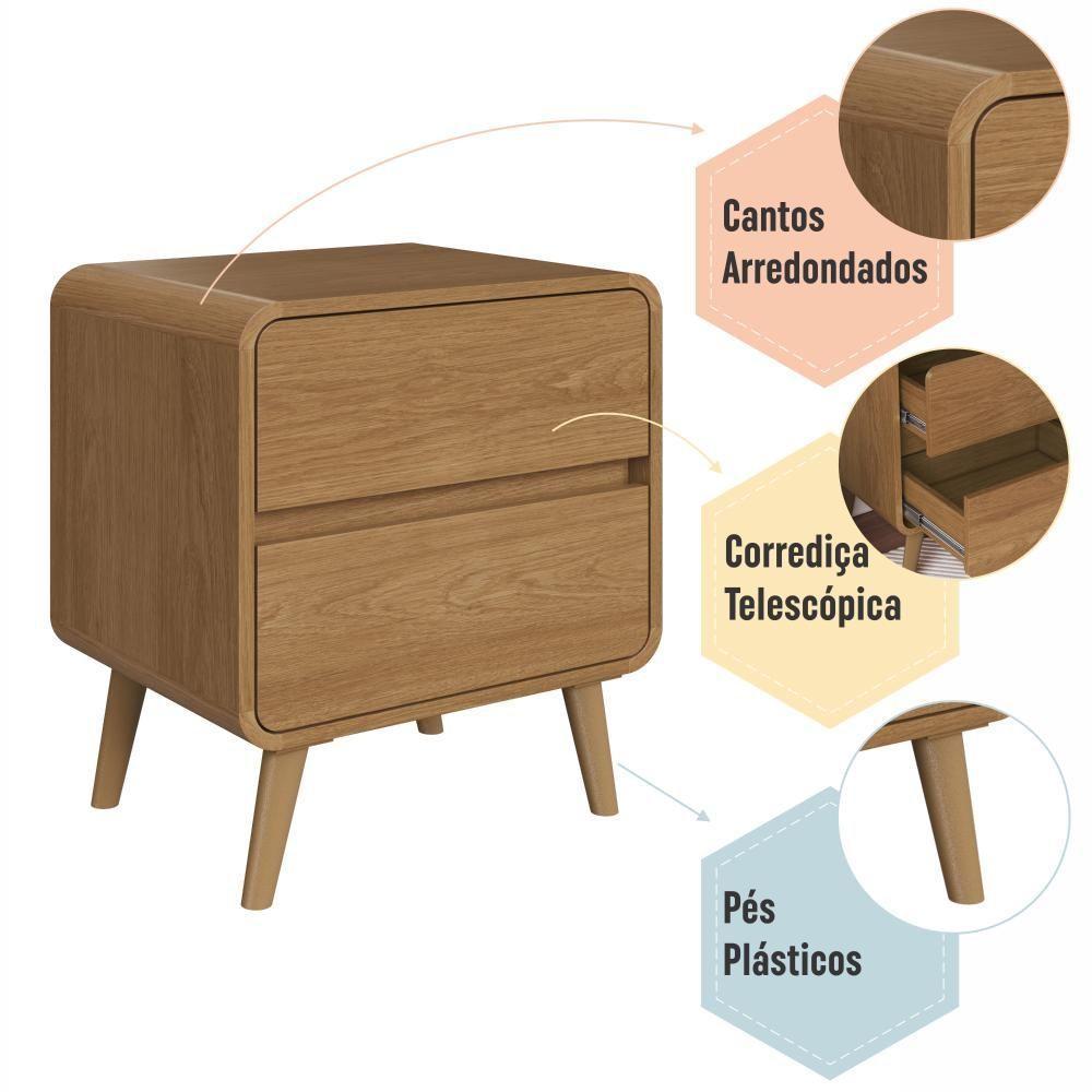 Kit Conjunto 02 Mesas De Cabeceira Canto Curvo Com 02 Gavetas E Pés Palito Retrô Carvalho Xingu - 6