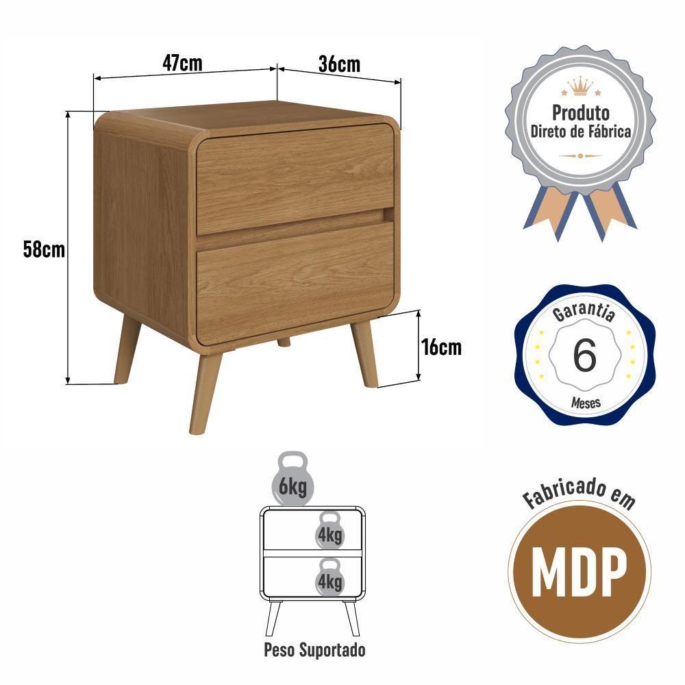 Kit Conjunto 02 Mesas De Cabeceira Canto Curvo Com 02 Gavetas E Pés Palito Retrô Carvalho Xingu - 7