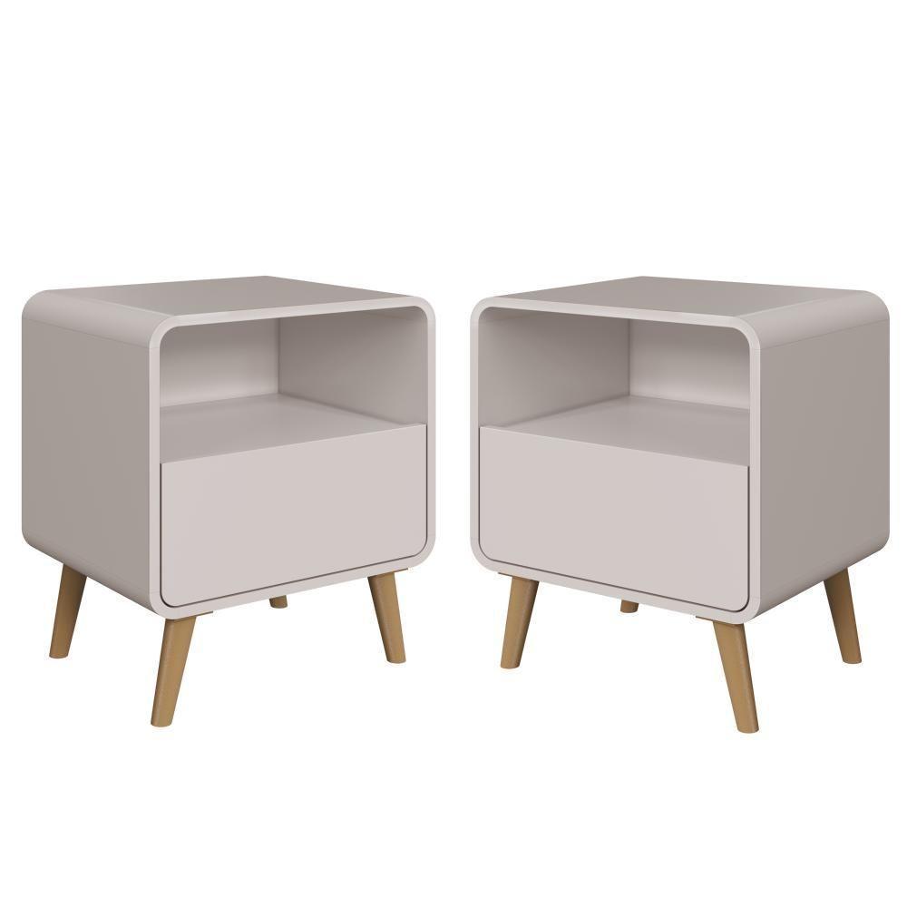 Kit Conjunto 02 Mesas De Cabeceira Canto Curvo Com Nicho 01 Gaveta E Pés Palito Retrô Bege Dunas - 1