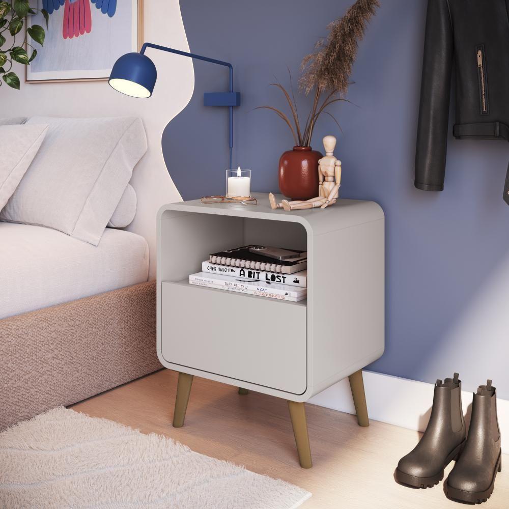 Kit Conjunto 02 Mesas De Cabeceira Canto Curvo Com Nicho 01 Gaveta E Pés Palito Retrô Bege Dunas - 2