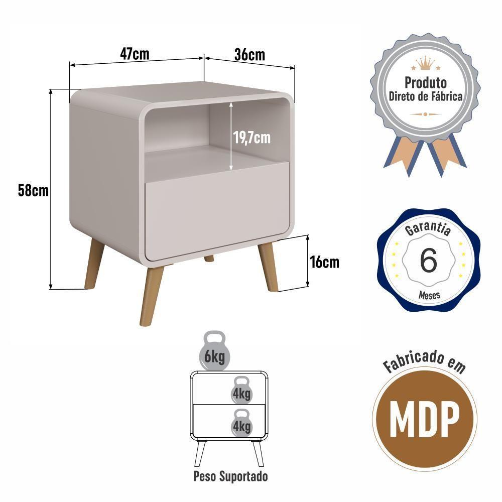 Kit Conjunto 02 Mesas De Cabeceira Canto Curvo Com Nicho 01 Gaveta E Pés Palito Retrô Bege Dunas - 7