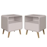 Kit Conjunto 02 Mesas De Cabeceira Canto Curvo Com Nicho 01 Gaveta E Pés Palito Retrô Bege Dunas - 1