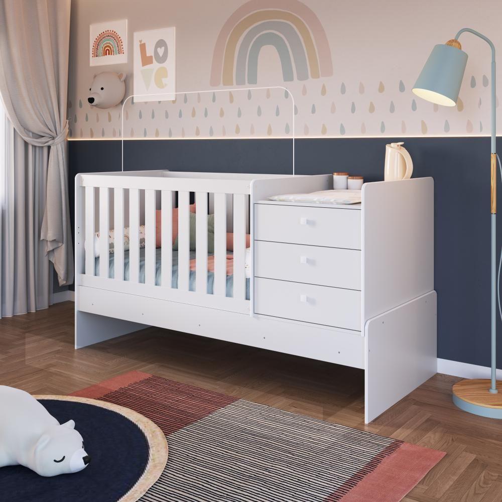Berço Infantil Multifuncional Menino Menina 196cm Com Cômoda, Trocador E Grade Em Mdf Branco - 1