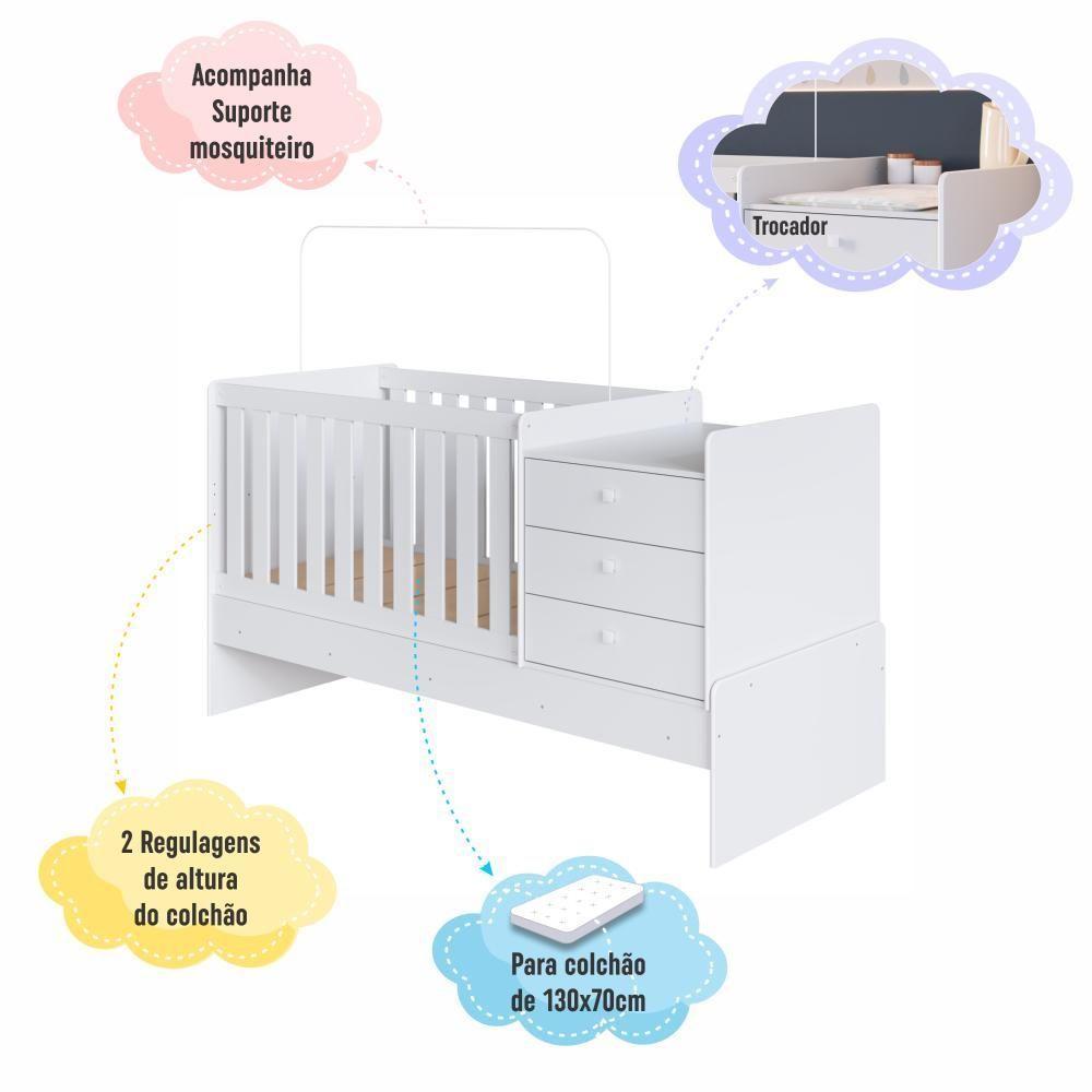Berço Infantil Multifuncional Menino Menina 196cm Com Cômoda, Trocador E Grade Em Mdf Branco - 4
