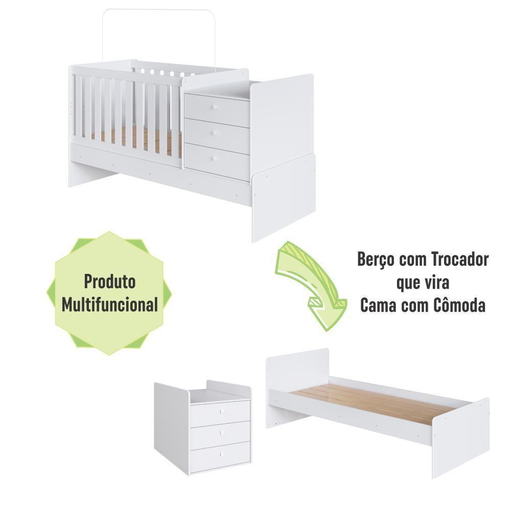 Berço Infantil Multifuncional Menino Menina 196cm Com Cômoda, Trocador E Grade Em Mdf Branco - 9