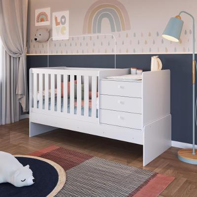 Berço Infantil Multifuncional Menino Menina 196cm Com Cômoda, Trocador E Grade Em Mdf Branco