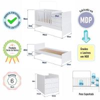 Berço Infantil Multifuncional Menino Menina 196cm Com Cômoda, Trocador E Grade Em Mdf Branco - 5