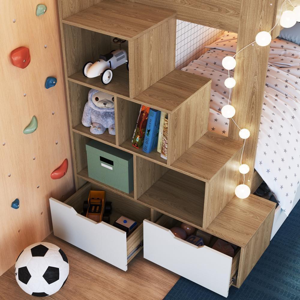 Cama Treliche Infantil Bicama Menino Menina 2,32m Com Escada, Nichos E Gavetas Aveiro Oak Com Branco - 3