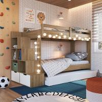 Cama Treliche Infantil Bicama Menino Menina 2,32m Com Escada, Nichos E Gavetas Aveiro Oak Com Branco - 1