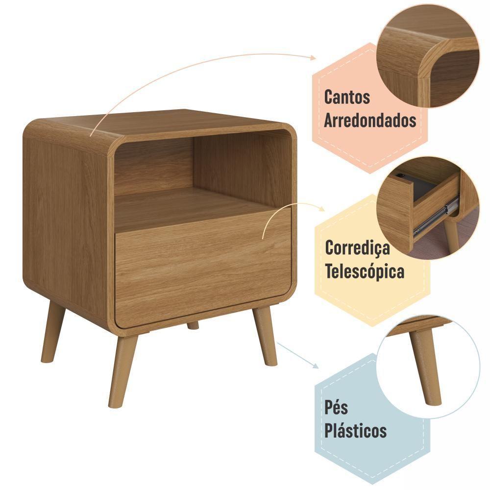 Mesa De Cabeceira Canto Curvo Com 02 Gavetas E Pés Palito Retrô Carvalho Xingu - 5