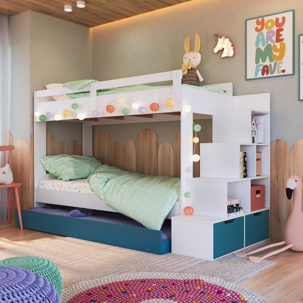 Cama Treliche Infantil Bicama Menino Menina 2,32m Com Escada, Nichos E Gavetas Branco Com Azul - 1
