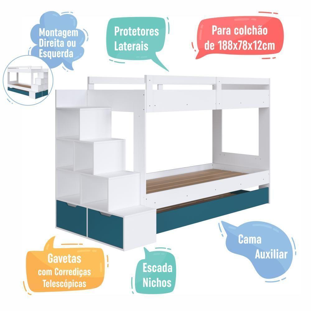 Cama Treliche Infantil Bicama Menino Menina 2,32m Com Escada, Nichos E Gavetas Branco Com Azul - 4