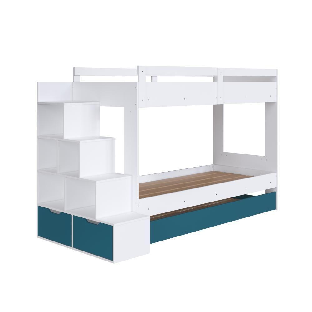Cama Treliche Infantil Bicama Menino Menina 2,32m Com Escada, Nichos E Gavetas Branco Com Azul - 10