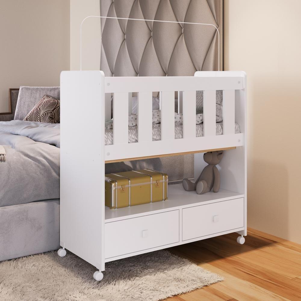 Mini Berço Infantil Moisés Com Rodas, Gavetas E Grade Em Mdf 90cm Quarto De Bebê Branco - 1