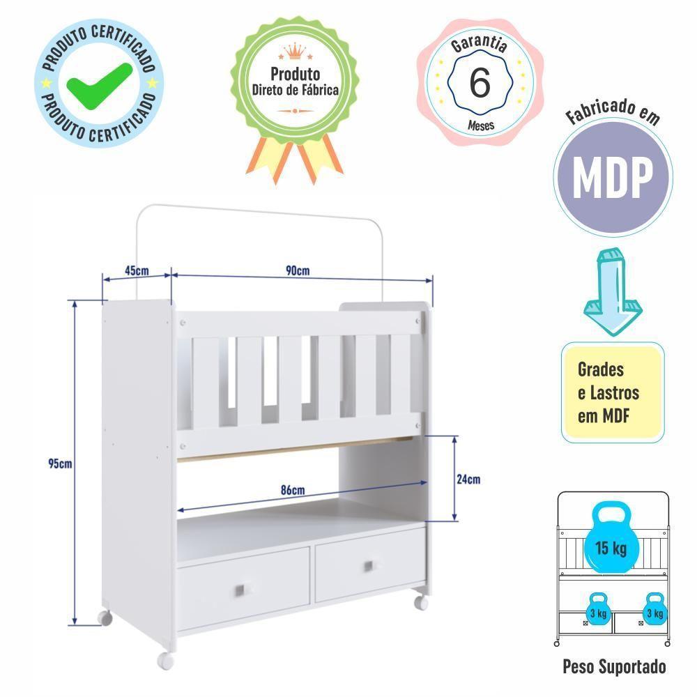 Mini Berço Infantil Moisés Com Rodas, Gavetas E Grade Em Mdf 90cm Quarto De Bebê Branco - 4