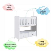 Mini Berço Infantil Moisés Com Rodas, Gavetas E Grade Em Mdf 90cm Quarto De Bebê Branco - 3