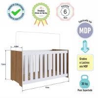 Berço Infantil Simples 133cm Com Colchão, Regulagem De Altura E Grade Mdf Nogal Com Branco
