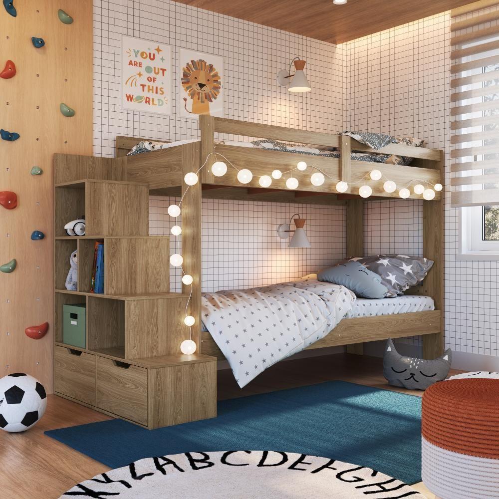Cama Beliche Infantil Bicama Menino Menina 2,32m Com Escada, Nichos E Gavetas Aveiro Oak - 1