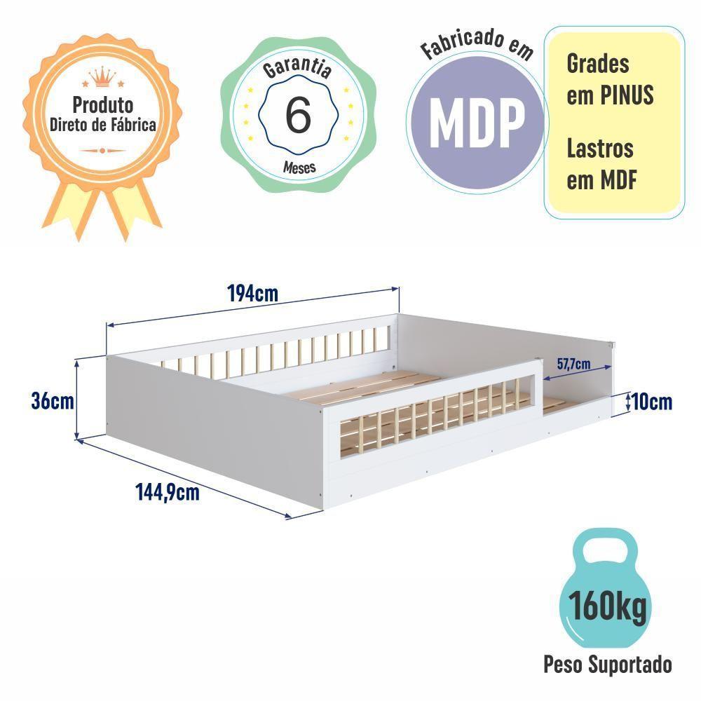 Cama Casal Infantil De Chão Montessoriana Para Menino E Menina Com Grade De Proteção Lateral Branco - 7