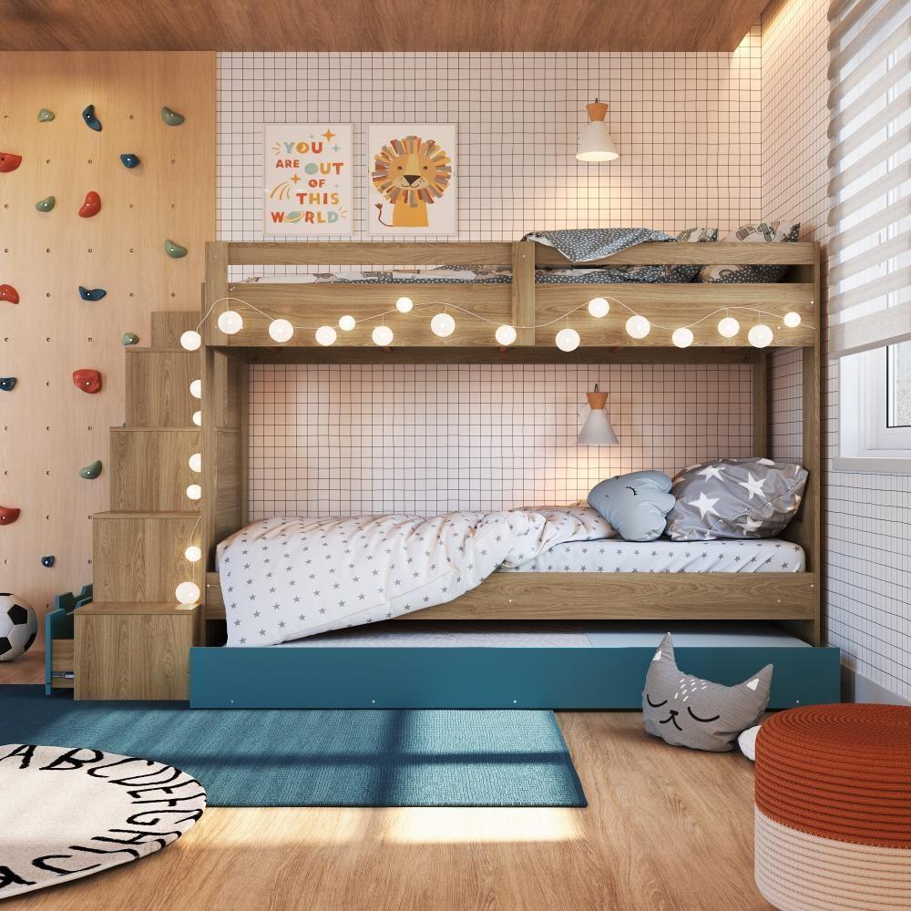 Cama Treliche Infantil Bicama Menino Menina 2,32m Com Escada, Nichos E Gavetas Aveiro Oak Com Azul - 2