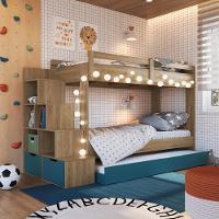 Cama Treliche Infantil Bicama Menino Menina 2,32m Com Escada, Nichos E Gavetas Aveiro Oak Com Azul - 1