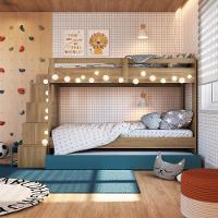 Cama Treliche Infantil Bicama Menino Menina 2,32m Com Escada, Nichos E Gavetas Aveiro Oak Com Azul - 2