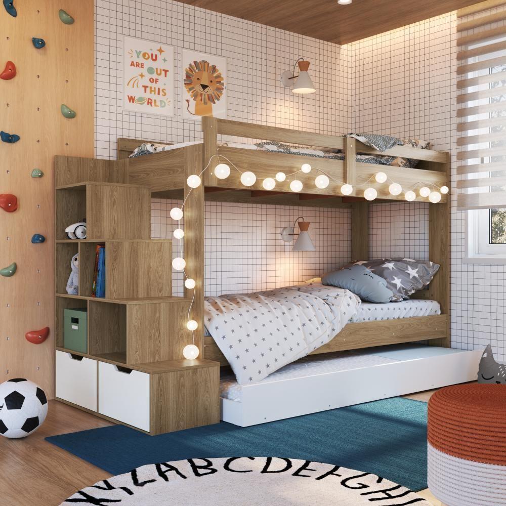Cama Treliche Infantil Bicama Menino Menina 2,32m Com Escada, Nichos E Gavetas Aveiro Com Branco - 1