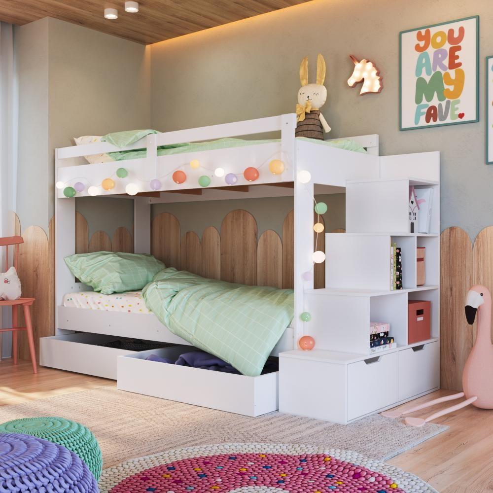 Cama Beliche Infantil Bicama Menino Menina 2,32m Com Escada, Nichos E Gavetas Com Rodas Branca - 1