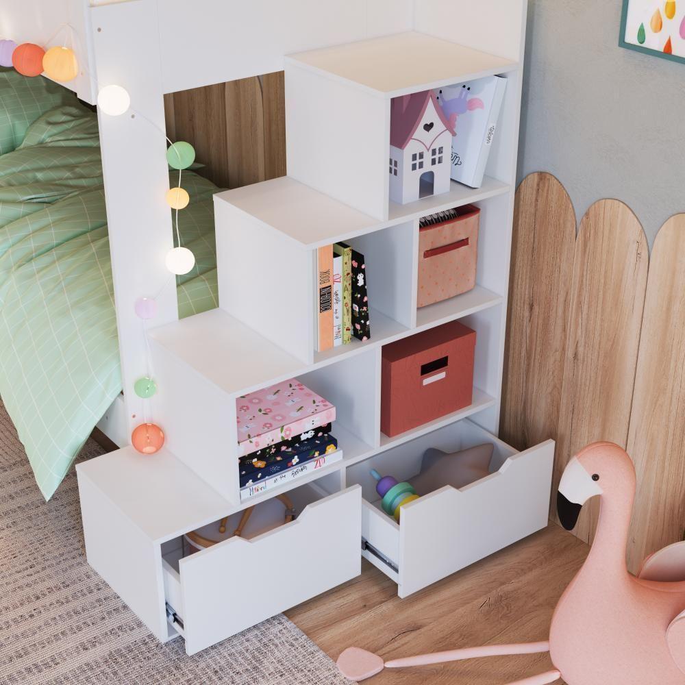 Cama Beliche Infantil Bicama Menino Menina 2,32m Com Escada, Nichos E Gavetas Com Rodas Branca - 2
