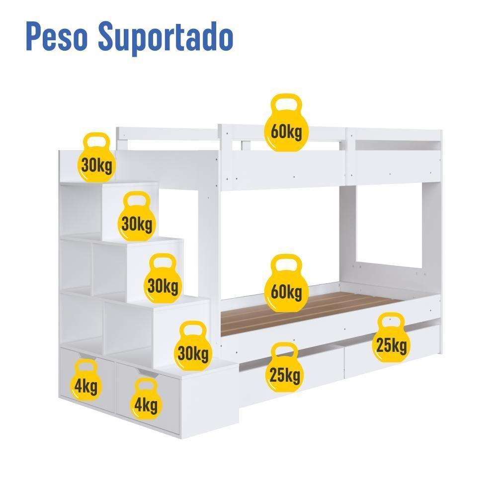 Cama Beliche Infantil Bicama Menino Menina 2,32m Com Escada, Nichos E Gavetas Com Rodas Branca - 5