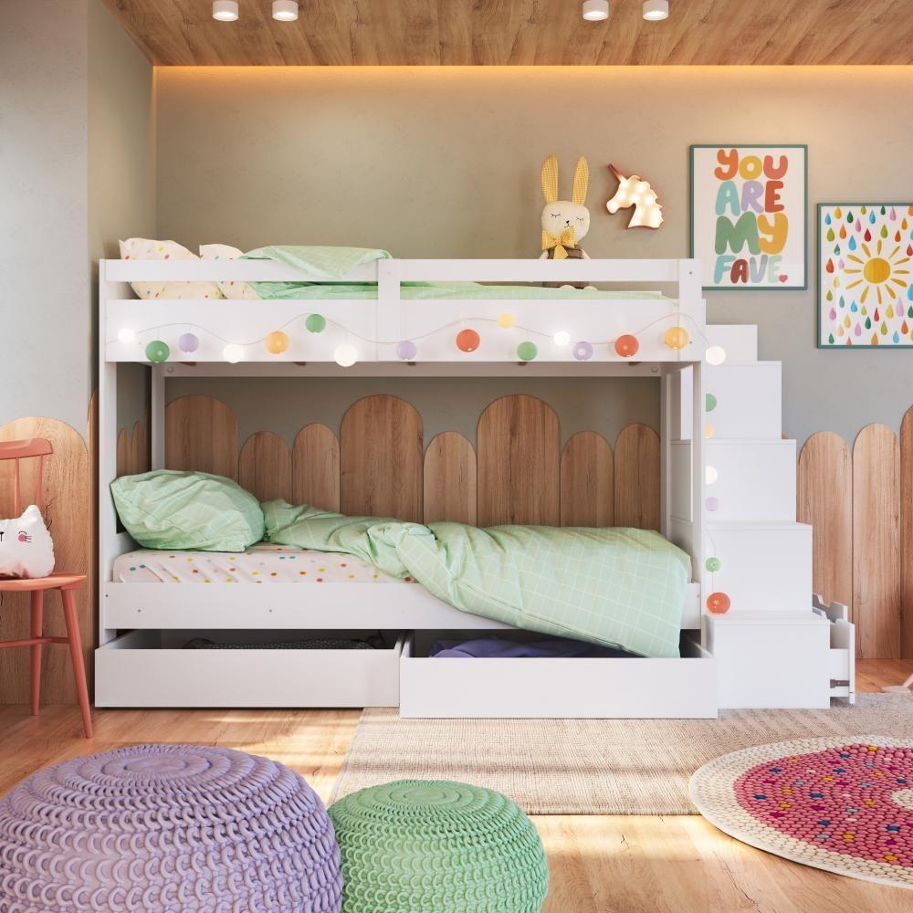 Cama Beliche Infantil Bicama Menino Menina 2,32m Com Escada, Nichos E Gavetas Com Rodas Branca - 10