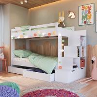 Cama Beliche Infantil Bicama Menino Menina 2,32m Com Escada, Nichos E Gavetas Com Rodas Branca - 1