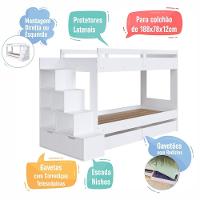 Cama Beliche Infantil Bicama Menino Menina 2,32m Com Escada, Nichos E Gavetas Com Rodas Branca