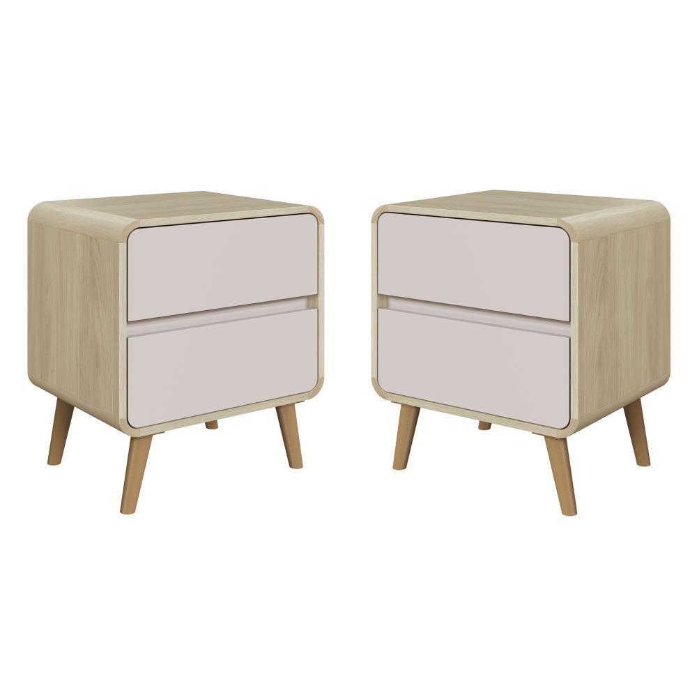 Kit Conjunto 02 Mesas De Cabeceira Canto Curvo Com 02 Gavetas E Pés Palito Retrô Carvalho Araguaia - 1