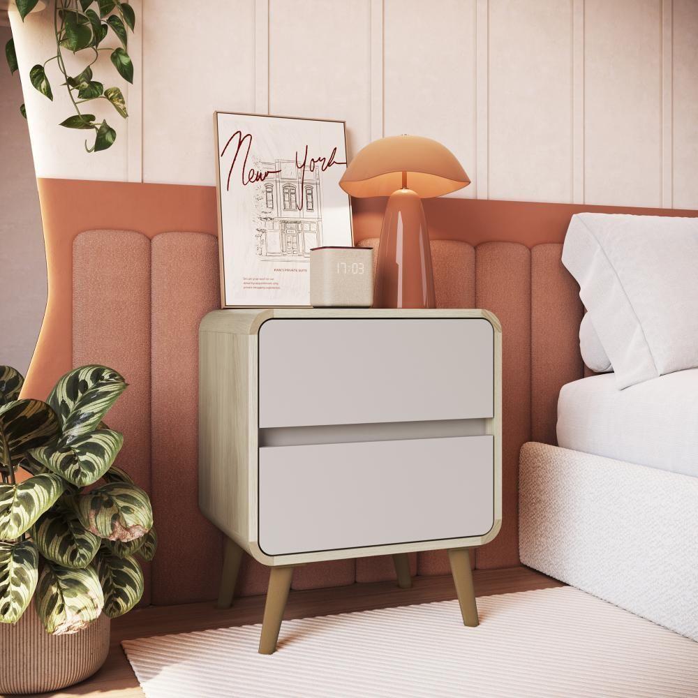 Kit Conjunto 02 Mesas De Cabeceira Canto Curvo Com 02 Gavetas E Pés Palito Retrô Carvalho Araguaia - 2