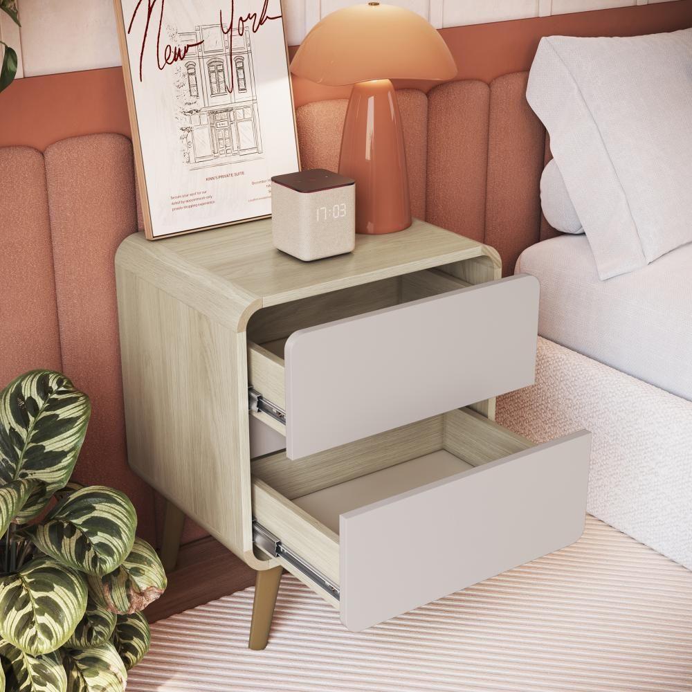 Kit Conjunto 02 Mesas De Cabeceira Canto Curvo Com 02 Gavetas E Pés Palito Retrô Carvalho Araguaia - 3