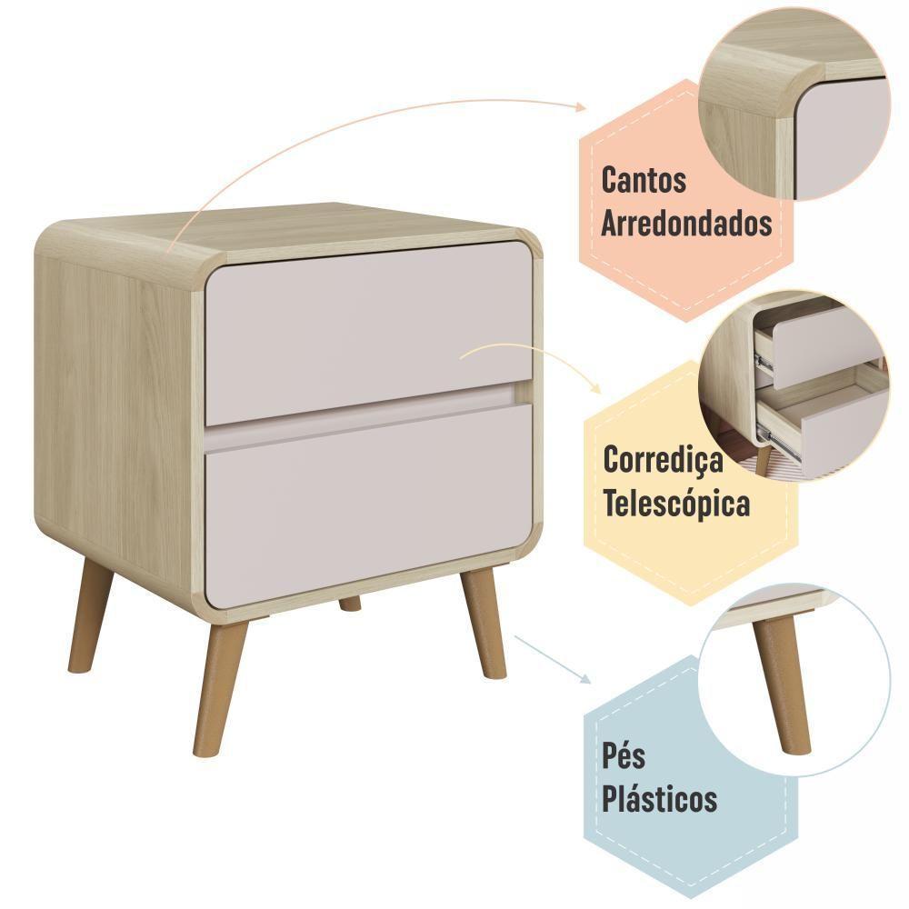 Kit Conjunto 02 Mesas De Cabeceira Canto Curvo Com 02 Gavetas E Pés Palito Retrô Carvalho Araguaia - 6