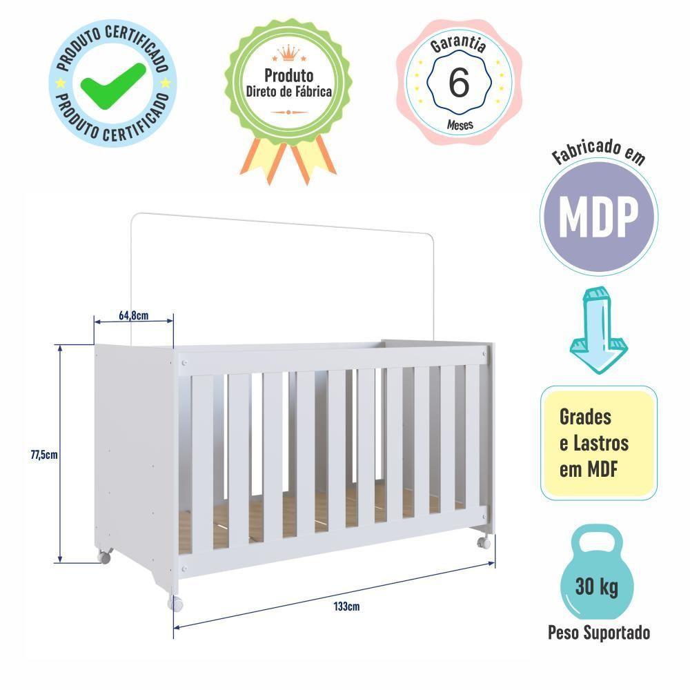 Berço Infantil Simples Com Rodas, Regulagem De Altura E Grade Mdf 133cm Branco - 4
