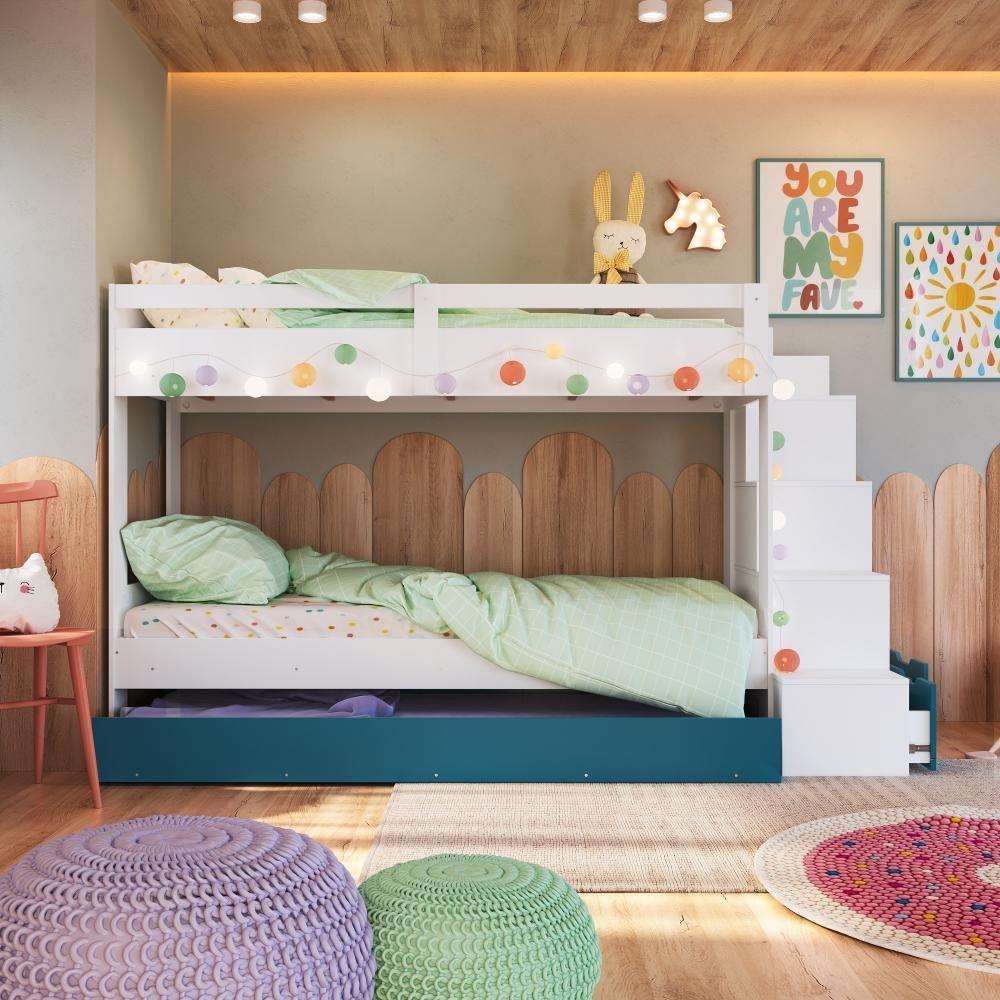 Cama Treliche Infantil Bicama Menino Menina 2,32m Com Escada, Nichos E Gavetas Branco Com Azul - 2