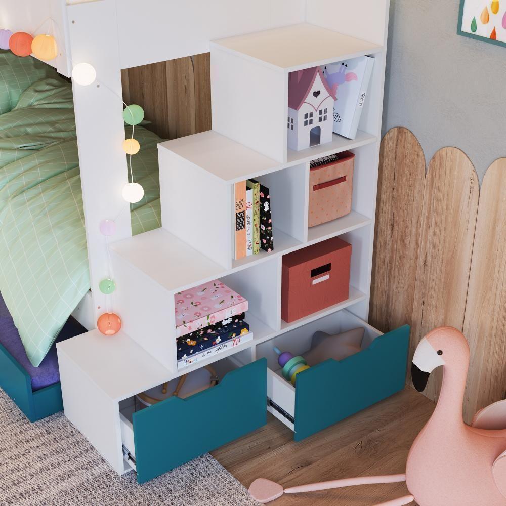 Cama Treliche Infantil Bicama Menino Menina 2,32m Com Escada, Nichos E Gavetas Branco Com Azul - 3