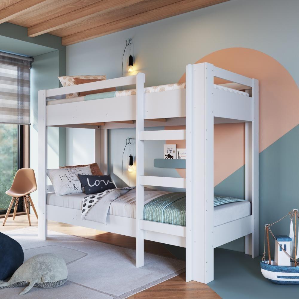 Cama Beliche Infantil Bicama Menino Menina Solteiro 1,96m Com Escada E Proteção Lateral Branca - 1