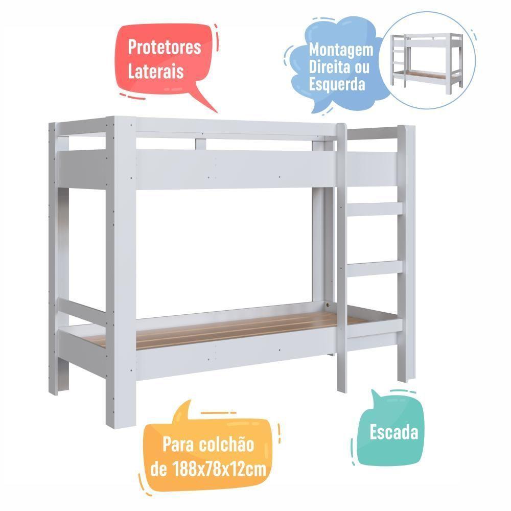 Cama Beliche Infantil Bicama Menino Menina Solteiro 1,96m Com Escada E Proteção Lateral Branca - 5