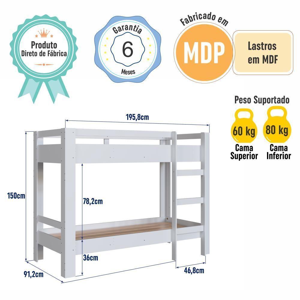 Cama Beliche Infantil Bicama Menino Menina Solteiro 1,96m Com Escada E Proteção Lateral Branca - 7