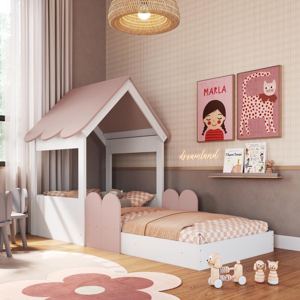 Cama Infantil Montessoriana Casinha Com Telhado Em Mdp Para Colchão 188x78cm Rosa - 1